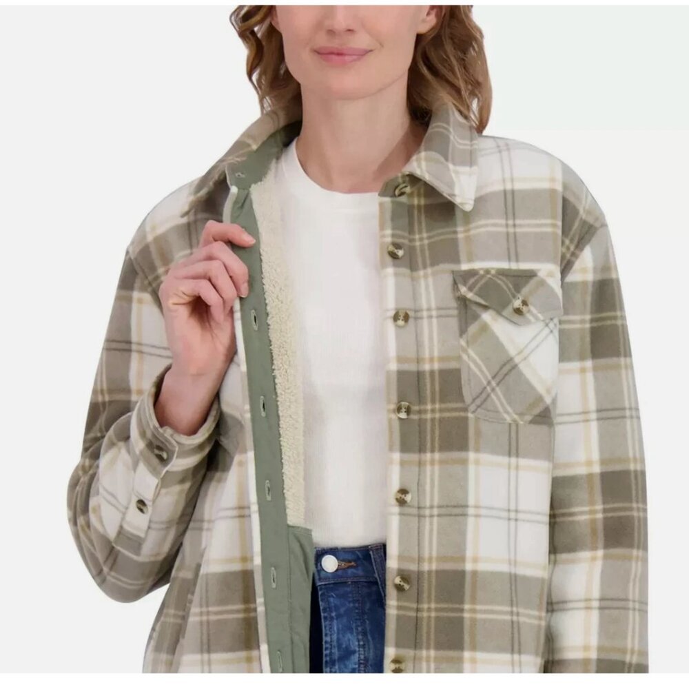 SAGE Women's Front Button Closure Plaid Plush Shirt Jacket